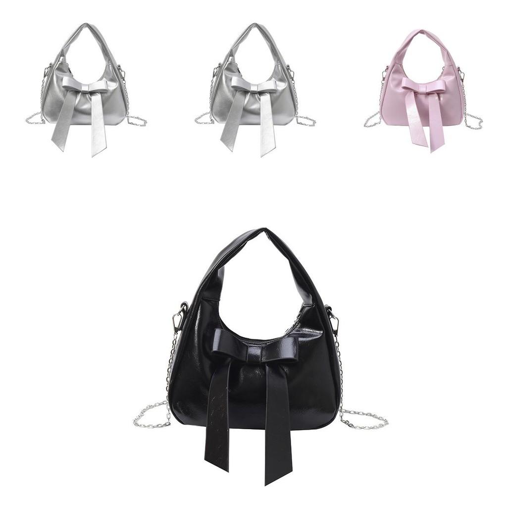 Solid Color Bow Shoulder Bag With Zipper Closure For Daily Use In Trendy Street Style