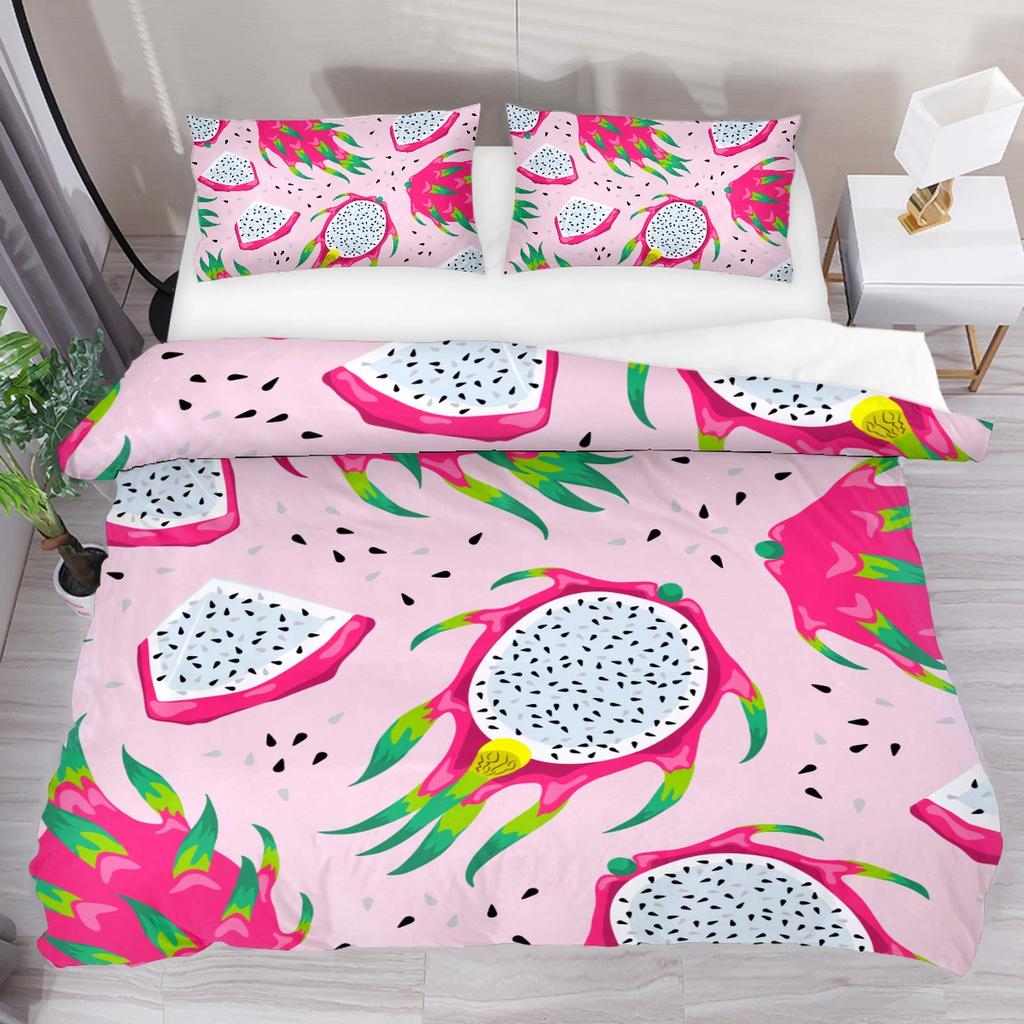 Pitaya Comforter Cover Set Tropical Fruit Theme Duvet Cover Modern Fashion Pink Bedding Set 3pcs for Boys Girls Microfiber Cover