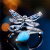 Charm Female White Green Stone Water Drop Dragonfly Adjustable Open Ring Silver Color Cute Gift Wedding Jewelry For Women