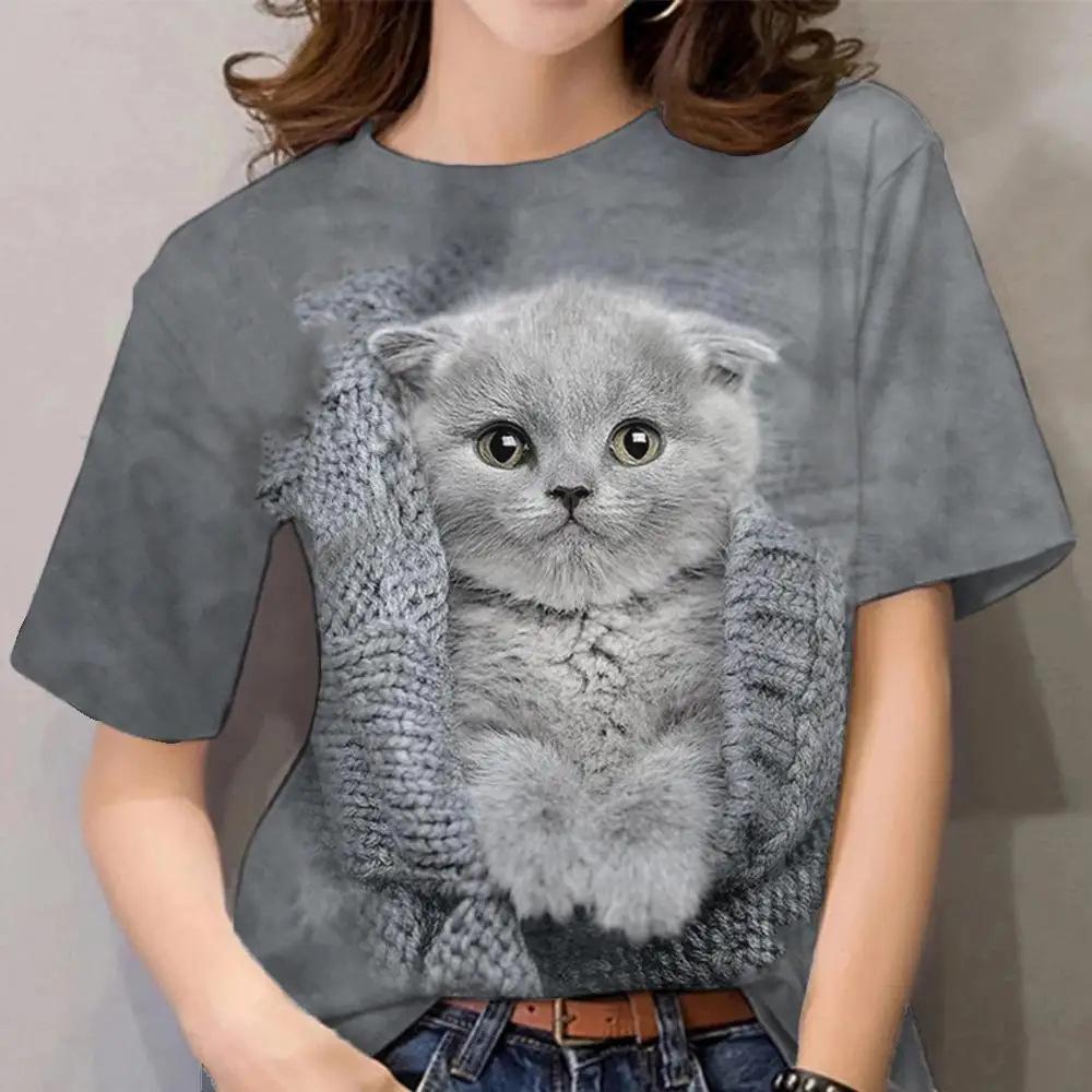 Women's Cat Print T-Shirt, Cute Short-Sleeve Summer Top, Breathable Casual
