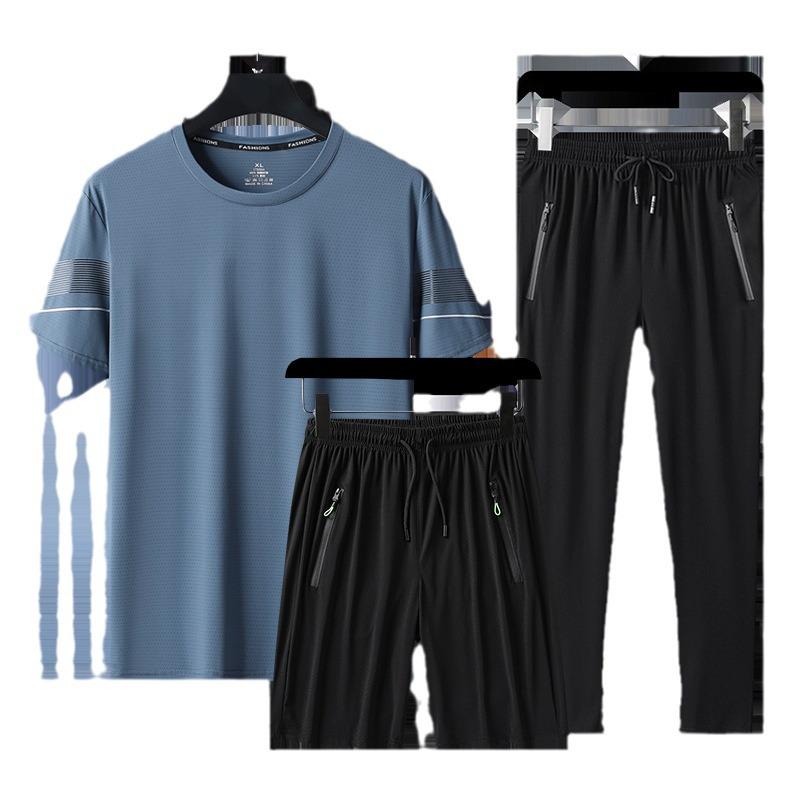 Ice Silk Men's Summer Three-Piece Sports Suit - Short-Sleeved Shirt & Trousers for All Ages