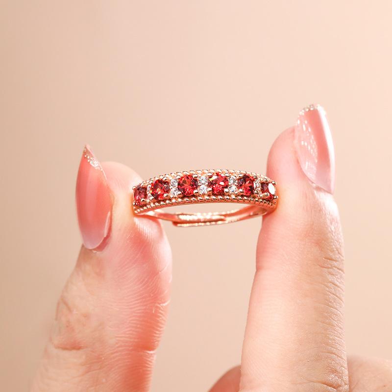 Imitation Natural Garnet Ring Women'S Rose Gold Plated Row Diamond Inlaid 3Mm Light Luxury Row Ring