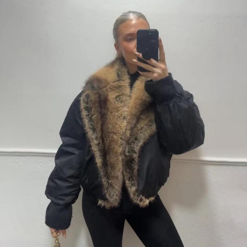 Street Faux Fur Patchwork Cropped Coats Women Loose Lapel Full Sleeve Pockets Warm Jackets Winter Lady Outwear