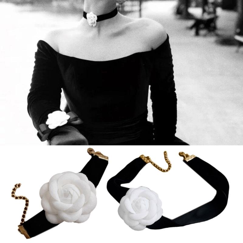 Elegant Camellia Choker Necklace Bracelet White Flower Collar Necklace Vintage Velvet Choker Bracelet Fashion Jewelry