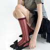 French Pure Desire Vertical Stripe Floral Jacquard Silk Stockings - Spring/Summer, Thin Light Gray, High-End Lace Calf Socks