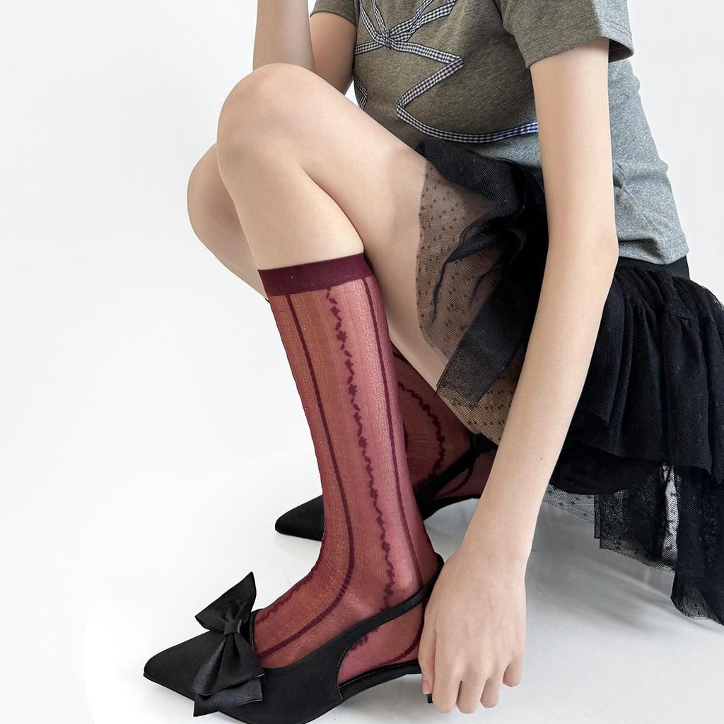 French Pure Desire Vertical Stripe Floral Jacquard Silk Stockings - Spring/Summer, Thin Light Gray, High-End Lace Calf Socks
