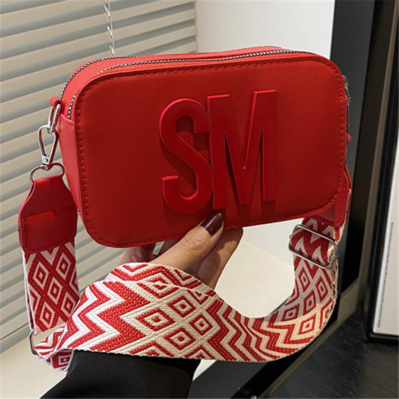 Stylish Versatile Women Single Shoulder Bag, SM Letter Pu Leather Small Square Bag, Leisure Wide Shoulder Strap Cross Body Bags