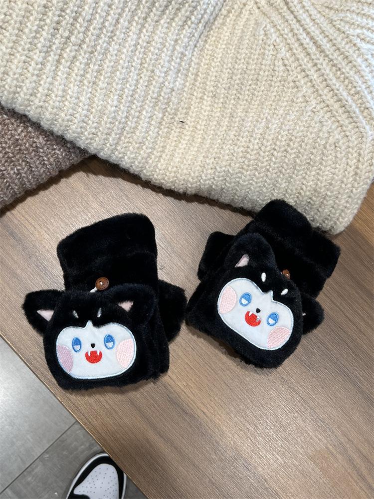 Ji Warm Koreanische Version von niedlichen Plüsch-Cartoon-Flipp-Halbfingerhandschuhen für weibliche Schüler, kältebeständig, verdickt