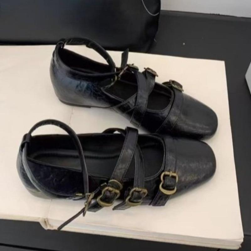 Fashion Fashion Square Toe Shallow Mouth Flats Women's Summer New Metal Belt Buckle Soft Slip Non-Slip Mary Jane Single Shoes
