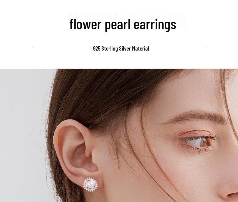S925 Sterling Silver Pearl Flower Stud Earrings: Japanese Korean Style with Rhinestones for a Sophisticated, High-End Look