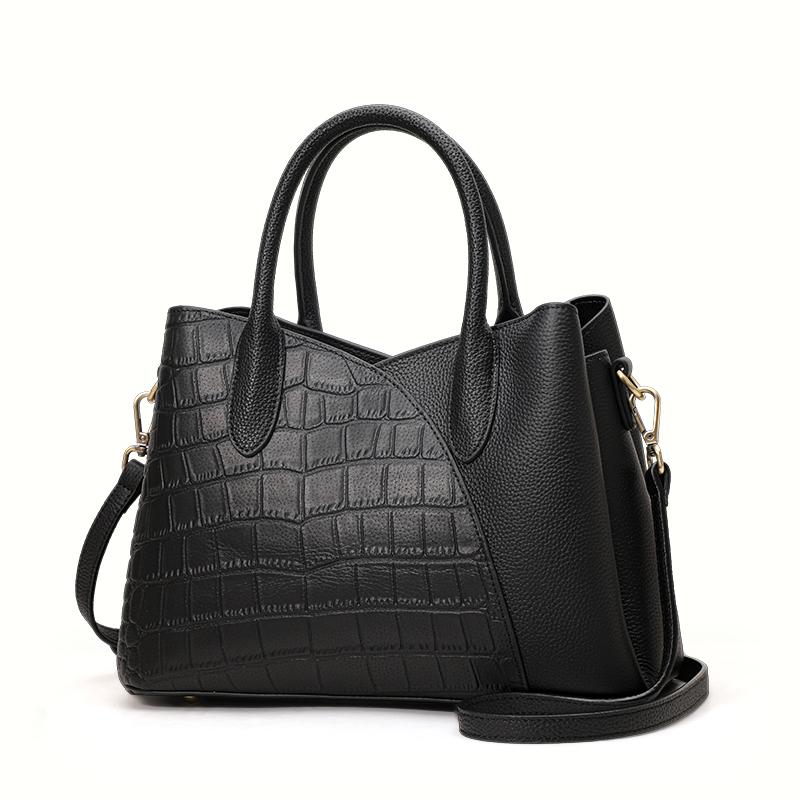 Fasjonabel damehåndveske med stor kapasitet, design med skjøting av krokodillemønster, svart allsidig mammaveske