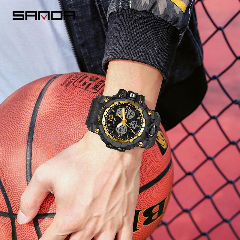 Fashion SANDA 6030 Men's Electronic Watch Outdoor Sports Multi functional Dual Display Waterproof LED Men's Electronic Watch