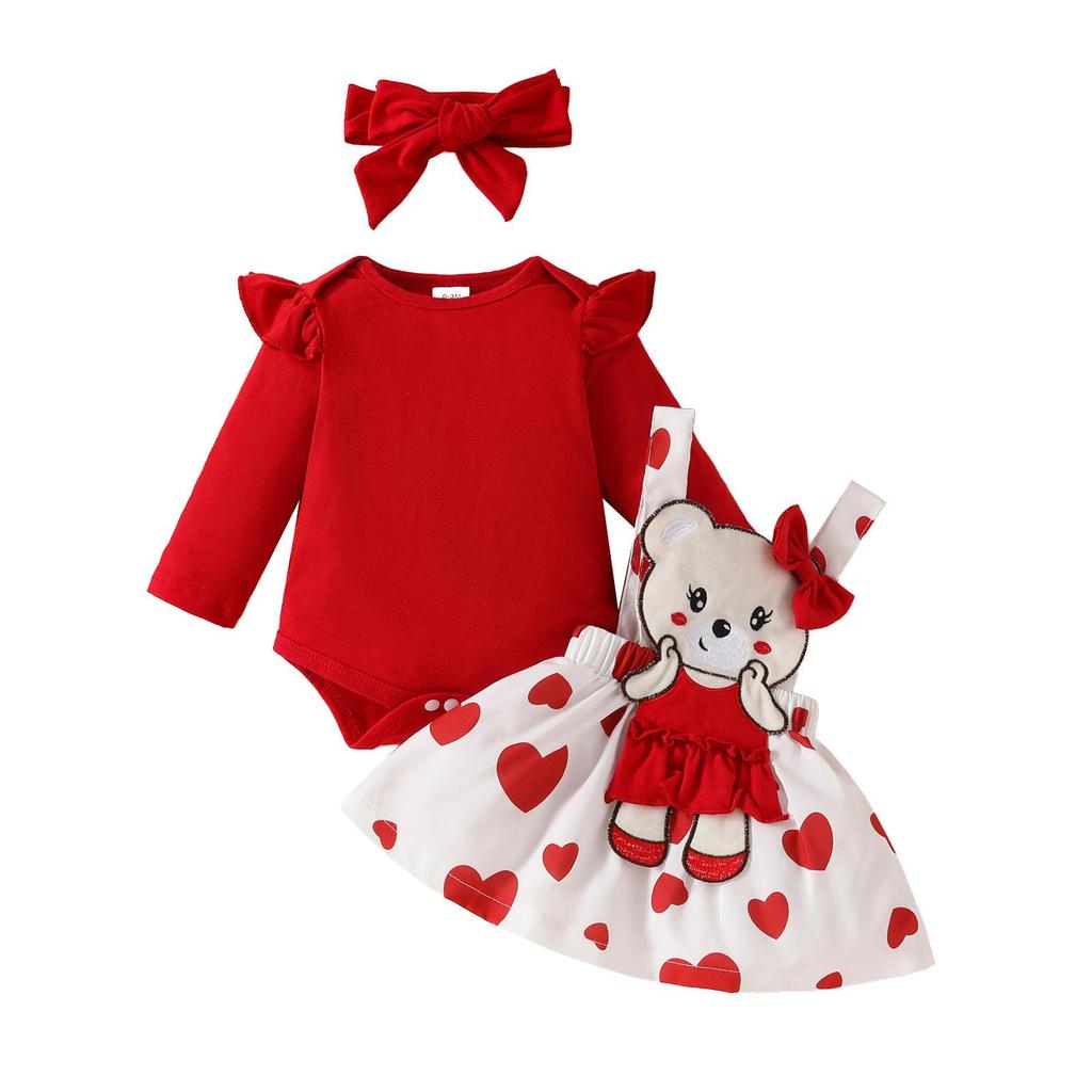 Autumn & Winter Baby Girl Bodysuit Set: Long Sleeve Red Romper, Bear Doll Overalls, Headband