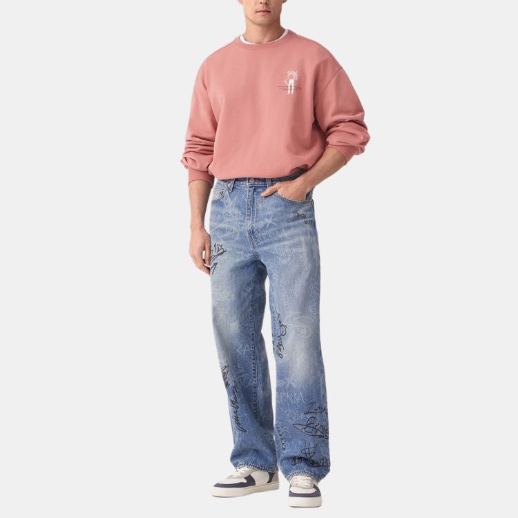 Levis Loose Casual Comfortable Letter Ribbed Crew Neck Long Sleeve Sweatshirt Men Sweatshirt Red-Brown 002Y3-0001