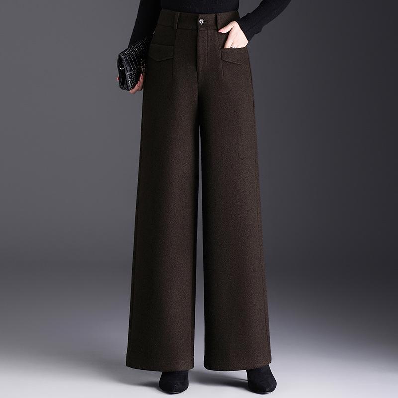 

High-Waisted Woolen Wide-Leg Women s Pants - Korean Style, Stylish, Thick, Loose, Long Winter Trousers L темный кофе
