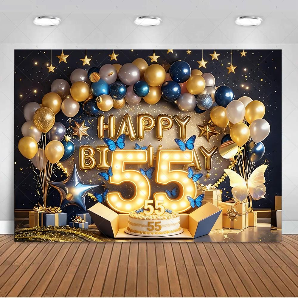 Sfondo per 55° Compleanno Forniture Palloncini Nero Oro 55 Anni Sfondo Decorazione Festa Scintillante Oggetti di Scena per Servizio Fotografico