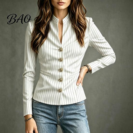 Women Slim Fit Blazer Stand Collar Striped Blazer, Single-Breasted Casual Jacket Blouse Top, Office Business Outerwear Slimming Waist Coat