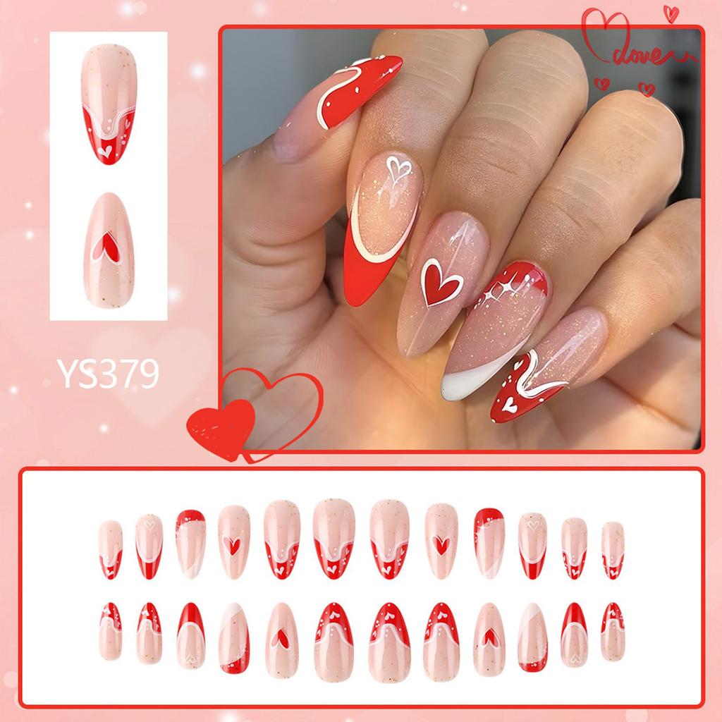 24 Stück Valentinstag Französische Falsche Nägel Lang Mandel Vollständige Abdeckung Künstliche Nägel Glänzend Aufkleben Nagel mit Herzdesign