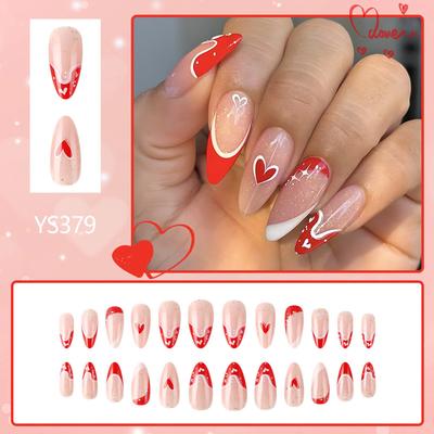 24Pcs Valentines Day French False Nails Long Almond Full Cover Artificial Nails Glossy Stick On Nail with Heart Design