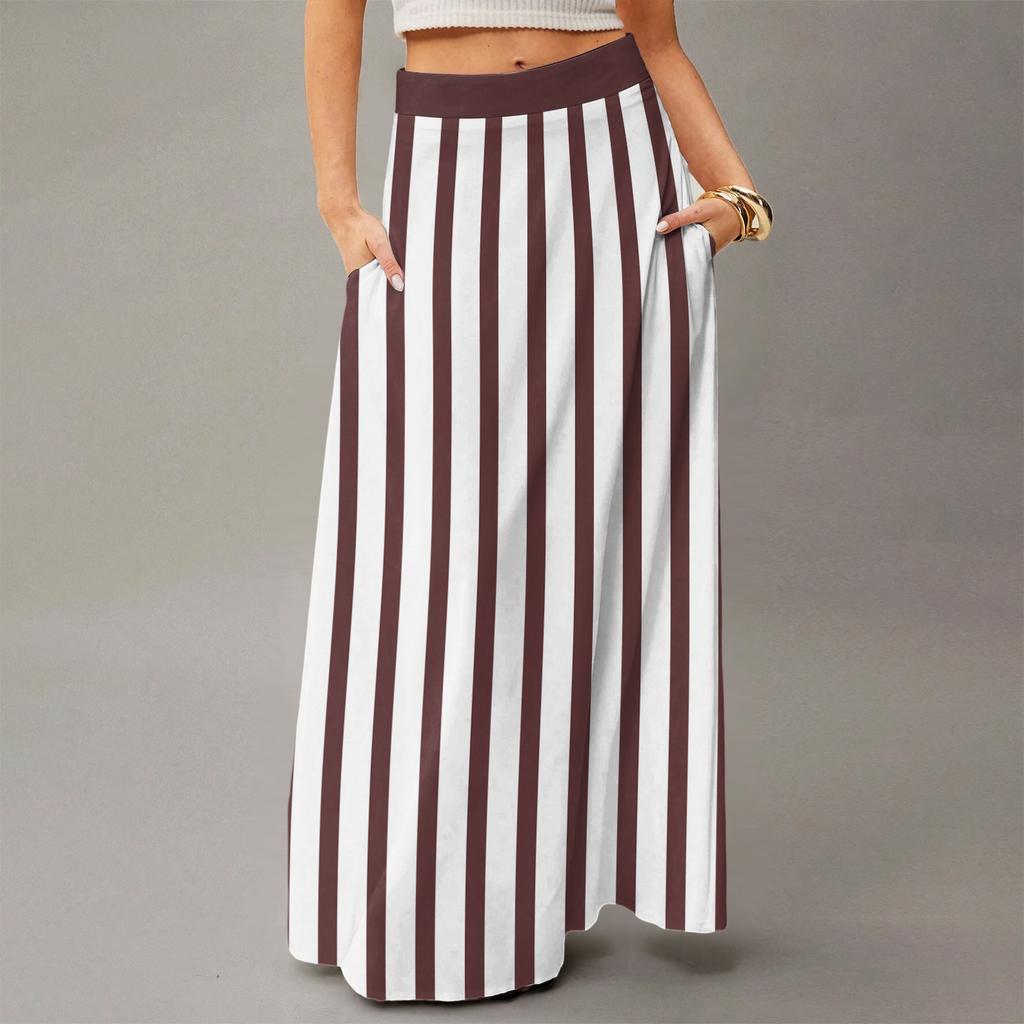 Damen Lässig Freizeit Faltbar Gestreift Kariert Druck Hohe Taille Mit Tasche Drapierter Entspannter Langer Maxi Rock