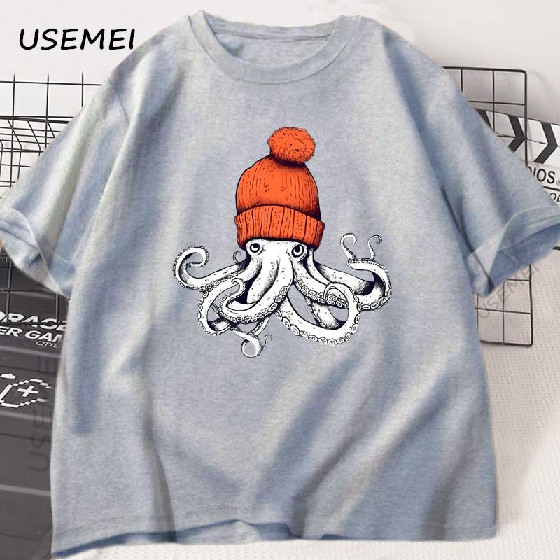 Octopus Orange Beanie Cotton T-shirt Japanese Style Graphic Tees Casual Cotton Short Sleeve Round Neck Tshirts Unisex Clothes