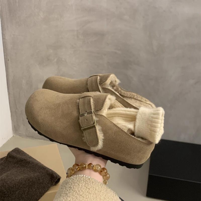 5CM inner height increase for small people~ Casual Boken shoes women's velvet warm cotton shoes autumn and winter new retro thick-soled half drag