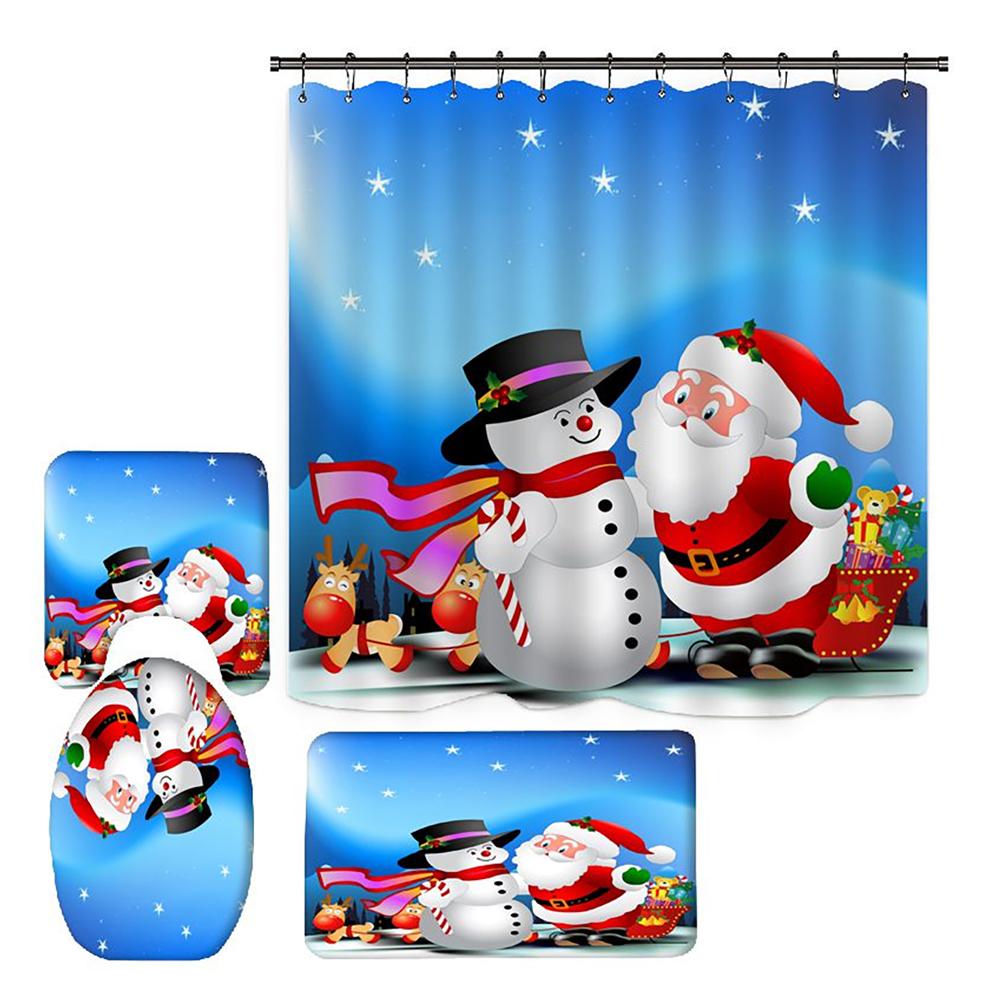 Merry Christmas Bathroom 4Pcs Set Snowman Santa Claus Pattern Waterproof Shower Curtain Toilet Cover Mat Non Slip Rug Home Decor