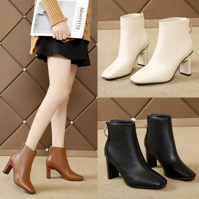 Women's Boots  Autumn/winter New British Leather Boots Fashion Zipper Non-slip Square Toe High Heels Ankle Boots Botas Mujer