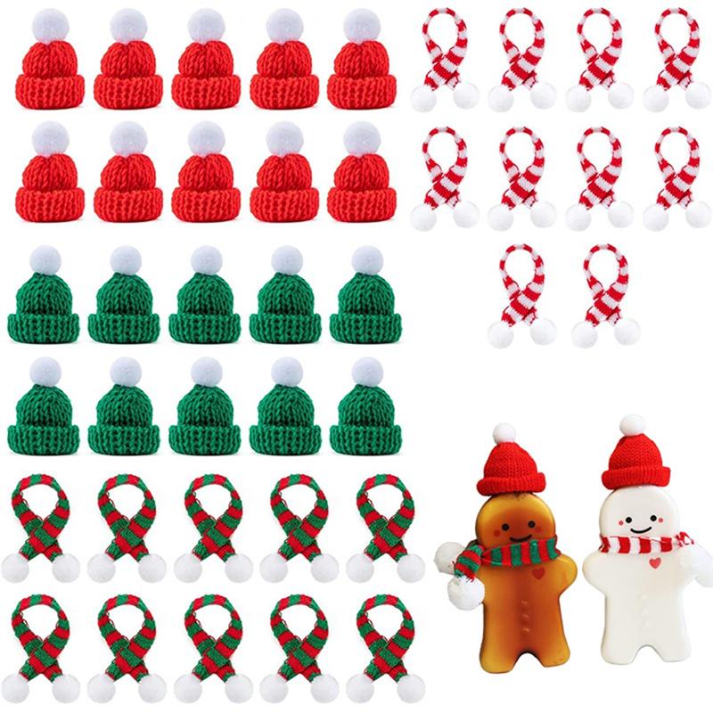 A84E-Mini Christmas Knit Hat And Scarf Kit-40 Pieces For Crafts, Tiny Santa Cap And Scarf Ornaments Included