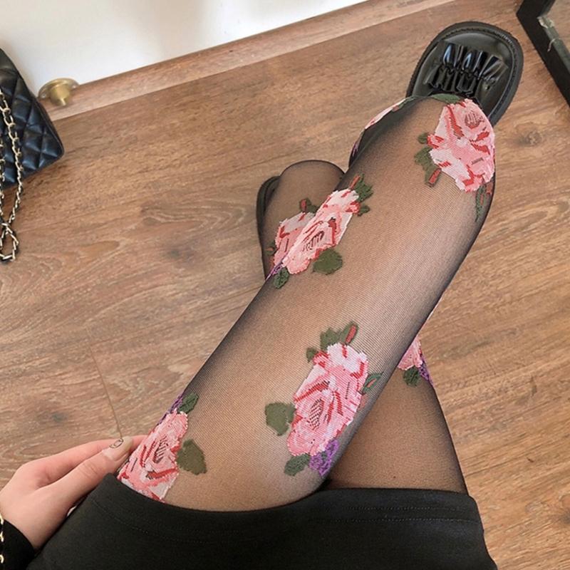 Women Vintage Rose Patterned Thin Tights Japanese JK High Waist Footed Pantyhose Silky Stockings Sheer Fashion Hosiery