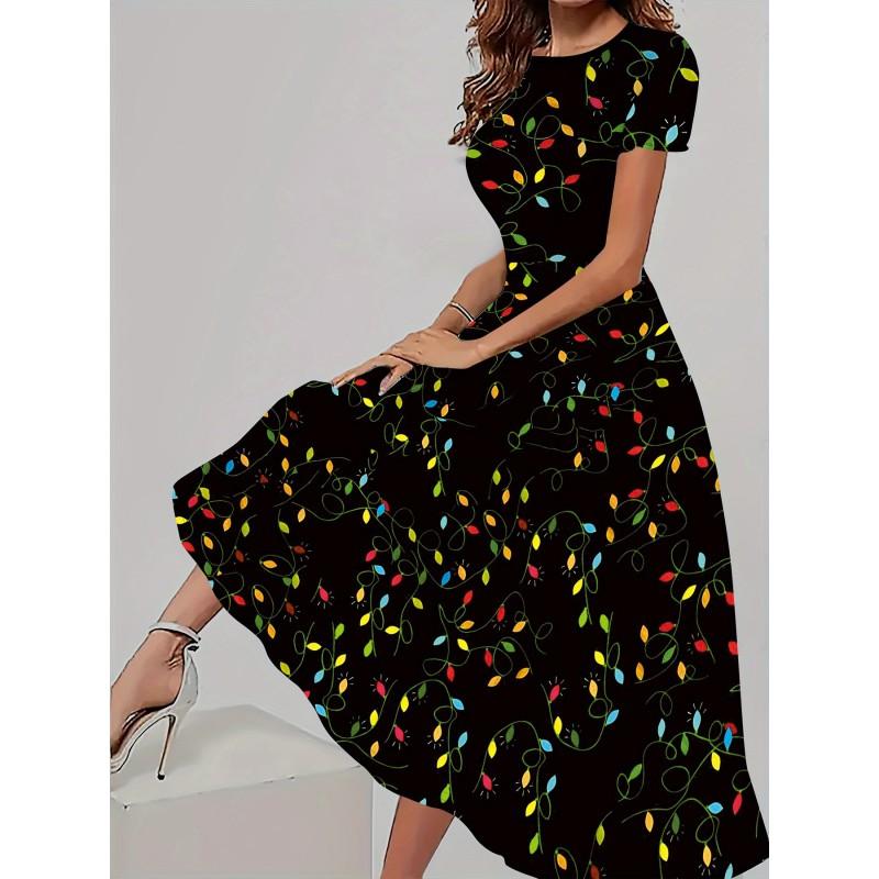 Womens Loose Fit Cotton Print Short Sleeve Round Neck Midi Dress Casual Wear