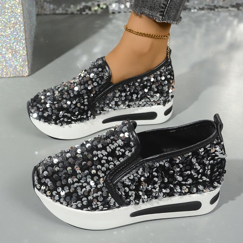 Sneakers Woman Allover Sequin Platform Slip-On Muffin Tennis Flat Ladies Moccasins Sports Slip-on Loafers Platform Elegant Shoes