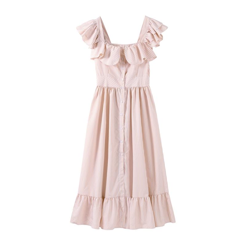 LYRIA Elegant Blue Striped Ruffled Button Long Dress Women Slim Square Neck Sleeveless Party Female Dresses Lady Robe