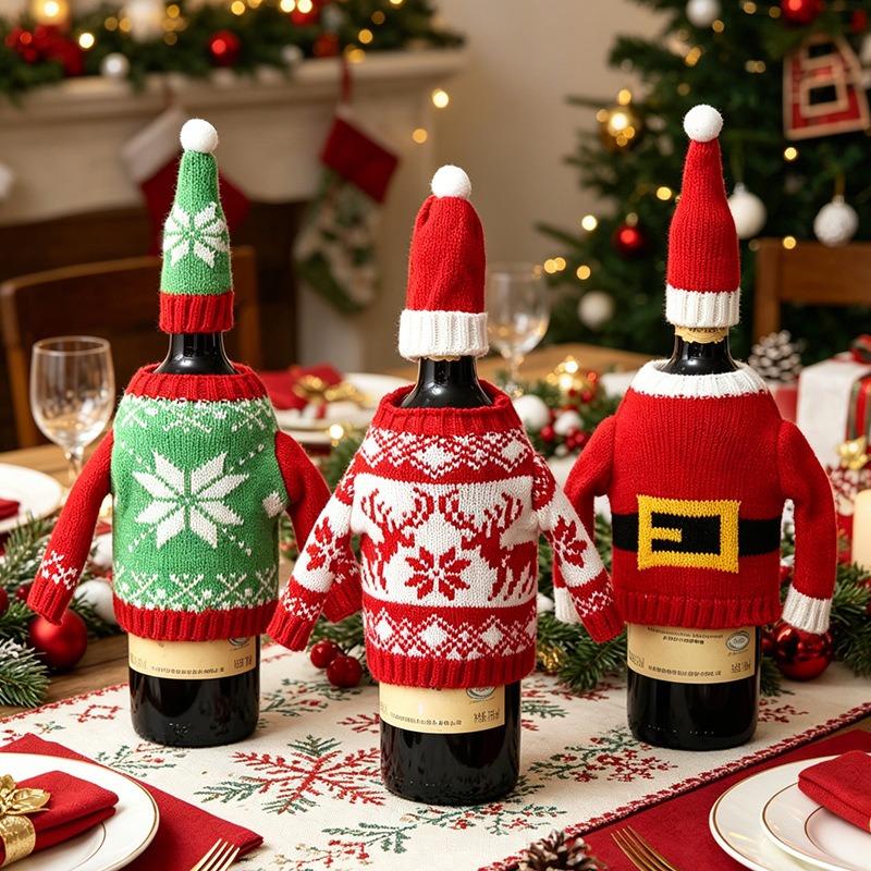 Christmas Wine Set Wool Knitting Ornament Snowflake Wine Bottle Set Restaurant Dress Up Festive Scene Arrangement