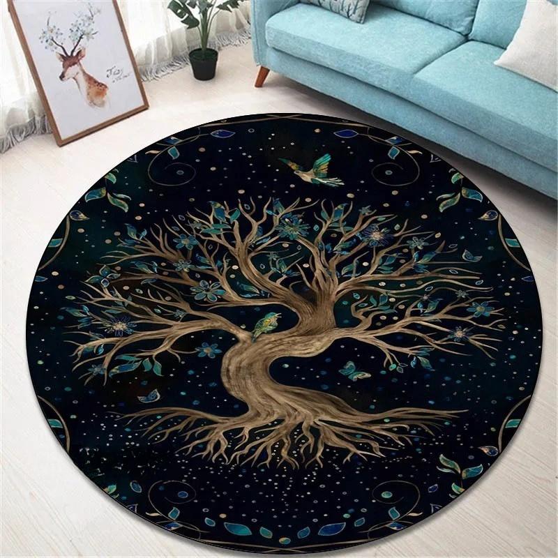 Magical Tree of Life Round Rug with Glowing Orbs and Starry Sky for Living Room Bedroom Boho Decor Non Slip Carpet Fantasy Art