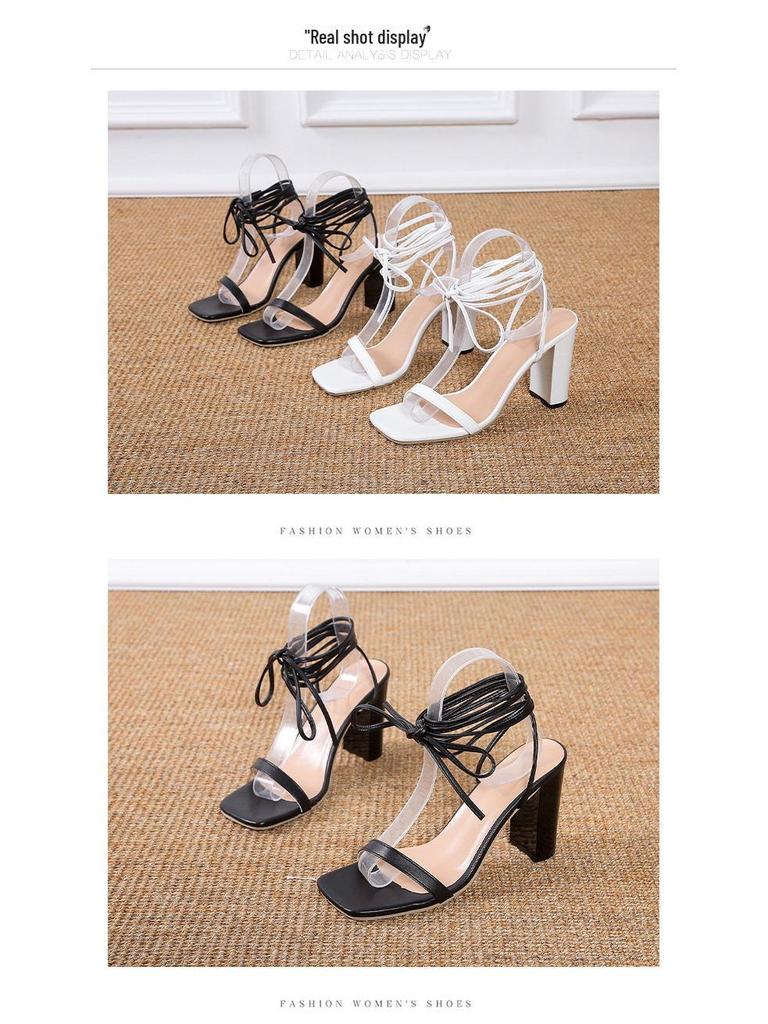 Nové evropské a americké dámské sandály na vysokém podpatku s tlustým čtvercovým podpatkem, designem rybích úst a detailem pásku na léto.