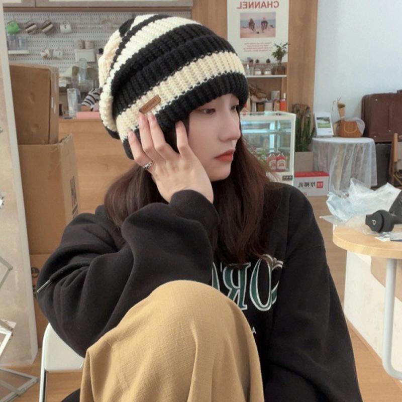 Winter Warm Hat Women's Casual Stacked Knitted Beanie Men's Hat Striped Hip Hop Unisex Women's Beanie Mountaineering Scarf