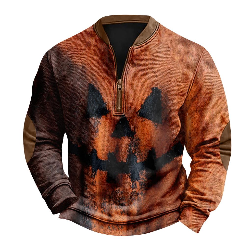 Men's Casual Fashion Christmas Printed Hoodless Sweatshirt Wide Men's Loose Button Stand Collar Hooded Sweatshirt