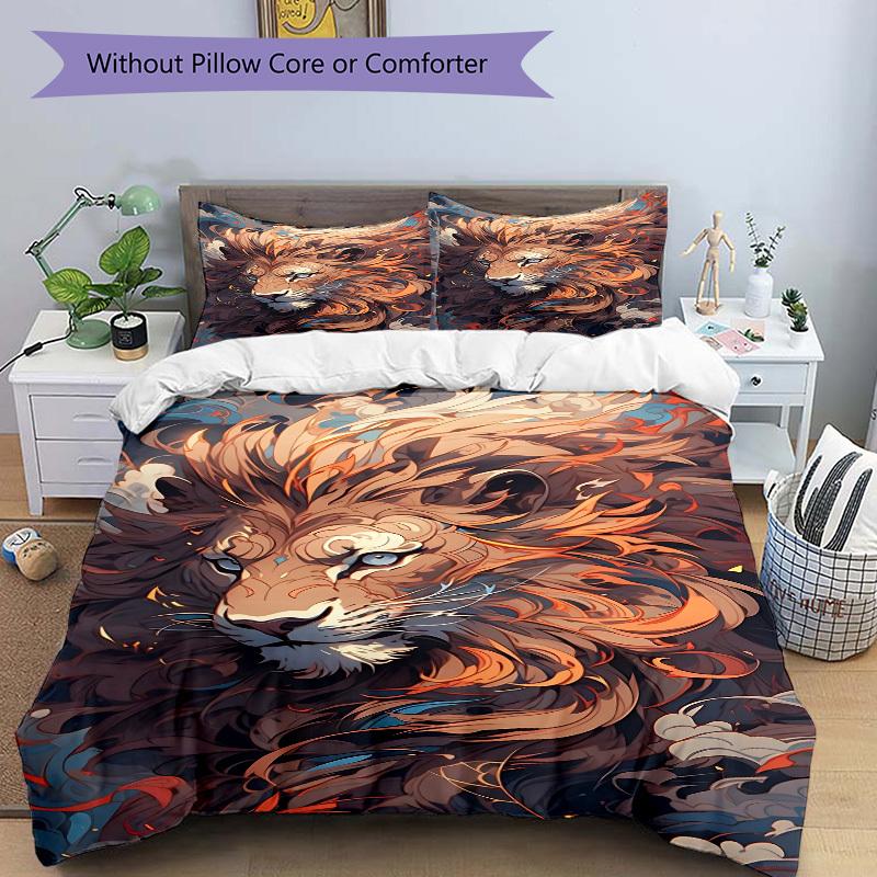 3pcs Lion Print Duvet Cover Set, Cover For Bedroom Guest Room (1 Duvet Cover + 2 Pillowcase, Without Quilt),  yy250922233