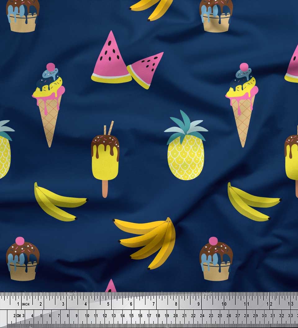 

Тканина для рукоділля Soimoi Japan Crepe Satin Fruits, Cupcake & Ice Cream Food Printed на метри 42 дюйма 42 Inch Wide - Poly Crepe оксфорд синього кольору