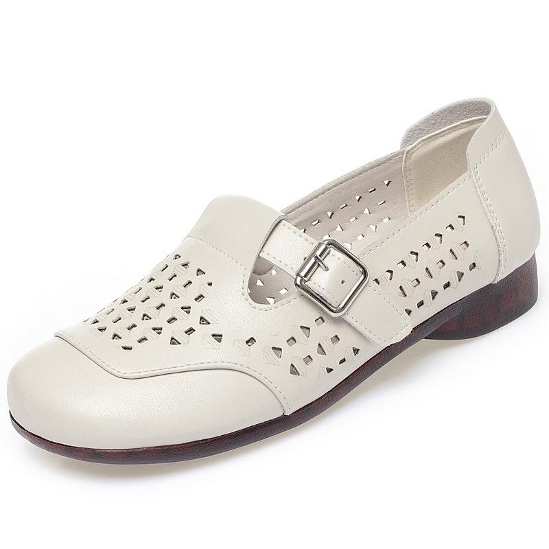 

Универсальные Удобные Дышащие Туфли из Натуральной Кожи с Вырезами Женские Лето 2025 Туфли с Т-образным ремешком и Прорезями Балетки Мокасины для Мамы Пляжные 40 бежевый