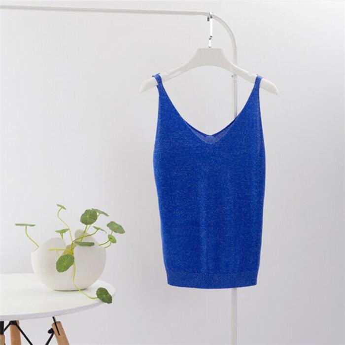 Summer Knitted Slim Sexy Top Tank Women Bright V Neck Sleeveless Vest Shirts Tops Tees