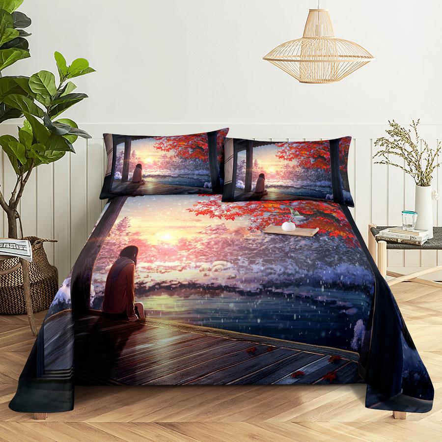 Scene Bed Sheet and Pillowcase Set Bedding Linens Cover Queen King Double Size 220x240 Trees for Bedroom Soft Twin Full Single