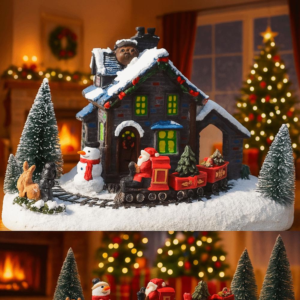 Resin Christmas Luminous House Ornaments LED Lighted Snow House Figurine Xmas Colorful Light House Christmas Desktop Decoration