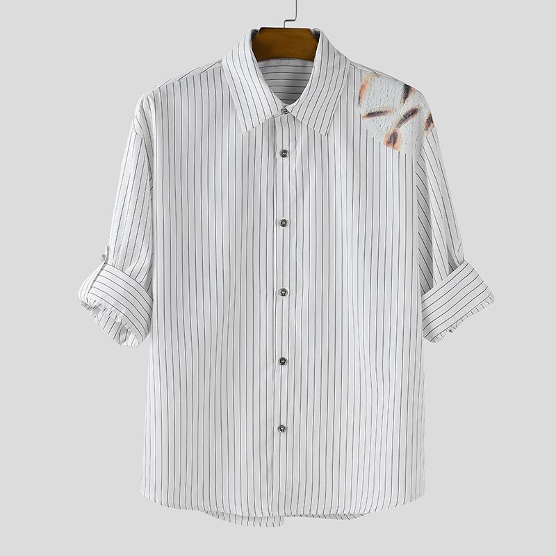 

INCERUN Spring Oversized Men Long Sleeve Lace Hem Striped Buttons Casual Shirts Tops S белый