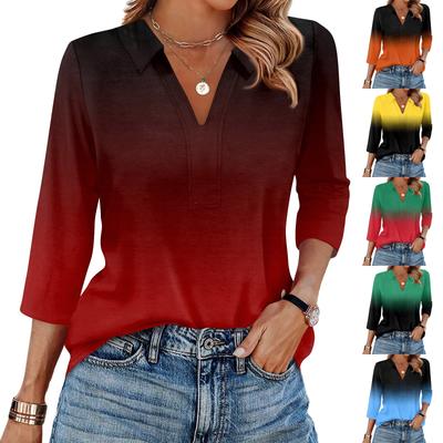 Women's Fashion Casual Lapel 3/4 Sleeve Print Shirt Women's V-Neck Tops