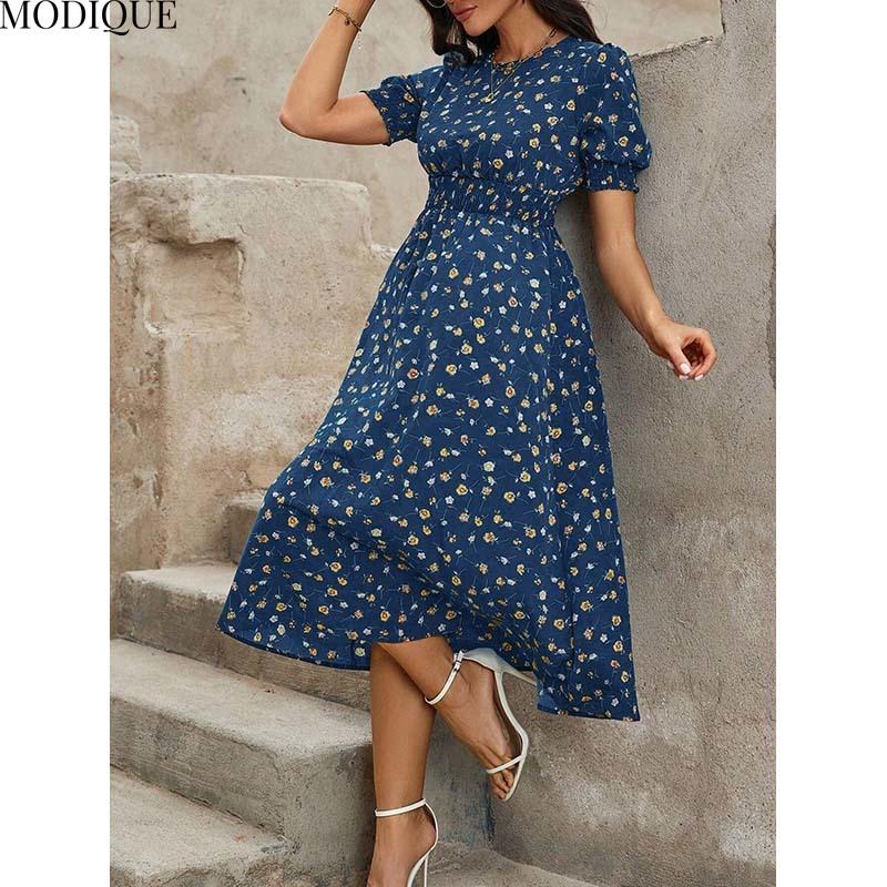 MODIQUE 2025 Yaz Yeni Kadın Zarif Çiçek Desenli Kabarık Kollu Lastikli Bel Uzun Elbise Bayan Günlük A-Kesim O Yaka Elbise