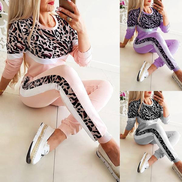

Женщины Леопардовый принт Цветблок Спортивный костюм Осень Зима Длинный рукав Пуловер Топ & Шнурки Брюки Комплект Две части Спортивные костюмы