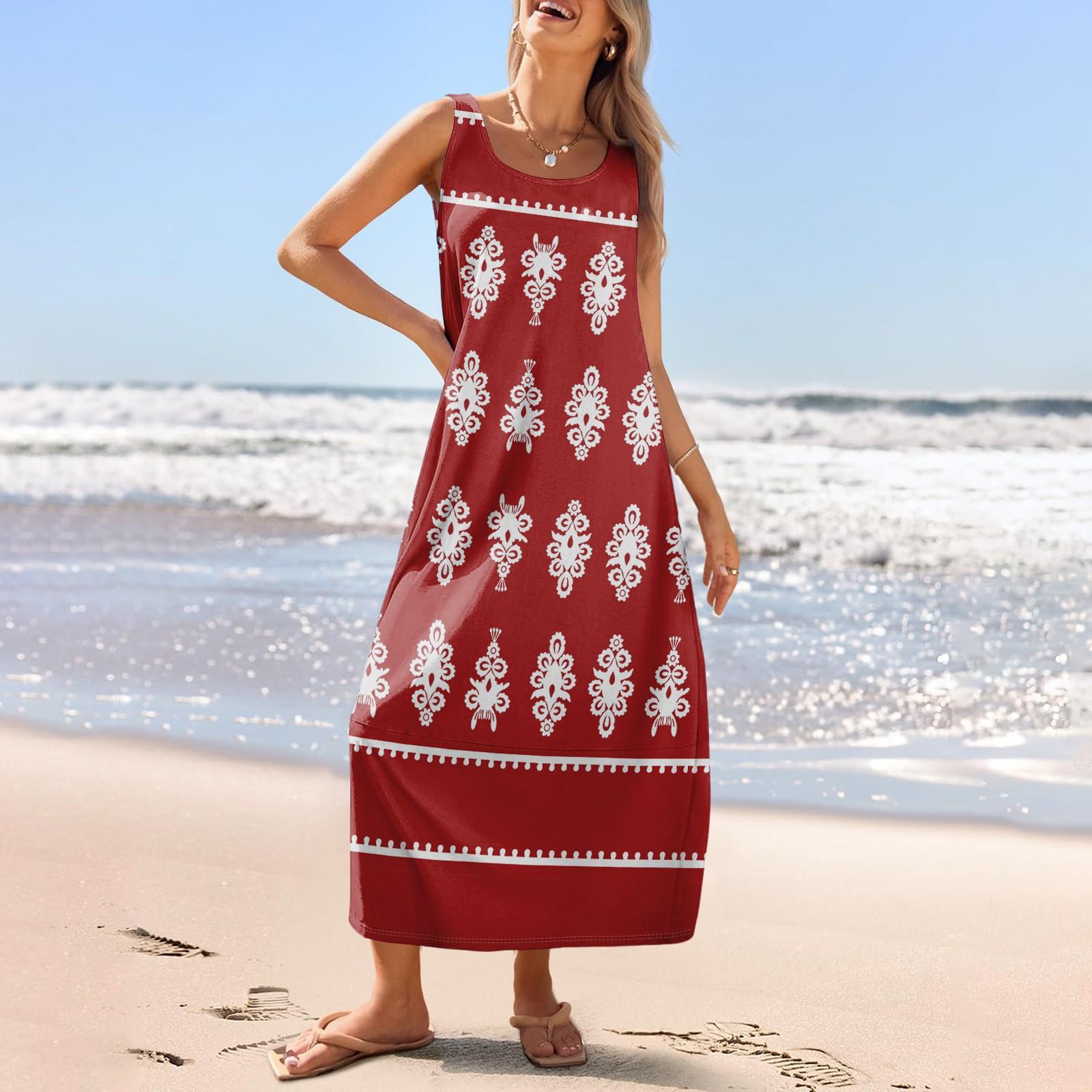 

Женский повседневный длинный сарафан, летнее пляжное платье с принтом, свободный сарафан без рукавов с круглым вырезом XL винный