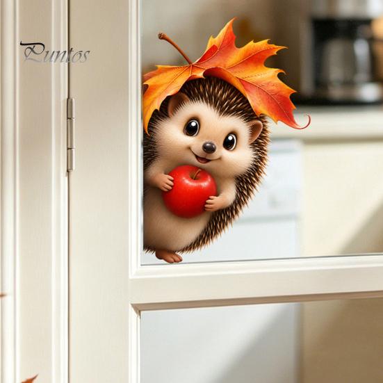 Transparente Fensterfolie Herbst Statische Aufkleber, Herbst Igel Ahornblatt Glasaufkleber, Wiederverwendbare Dekorationen PVC Aufkleber für Zuhause, Geschäft Schaufenster
